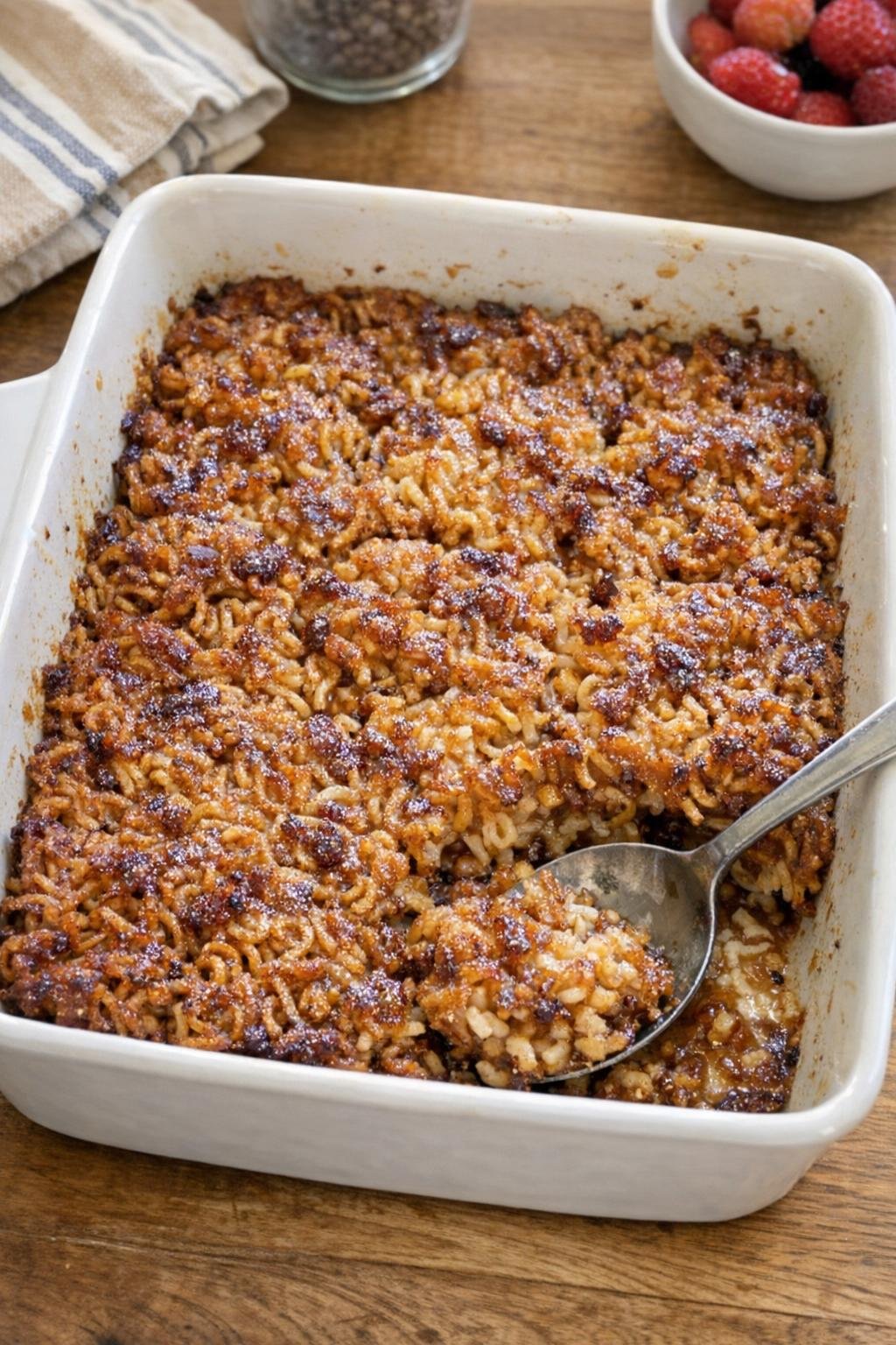 Finished baked ramen dessert in a ceramic casserole dish