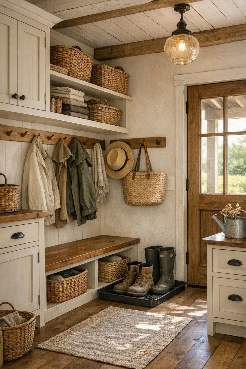 Tiny home entry and utility nook with bench, pegs, and built-in storage