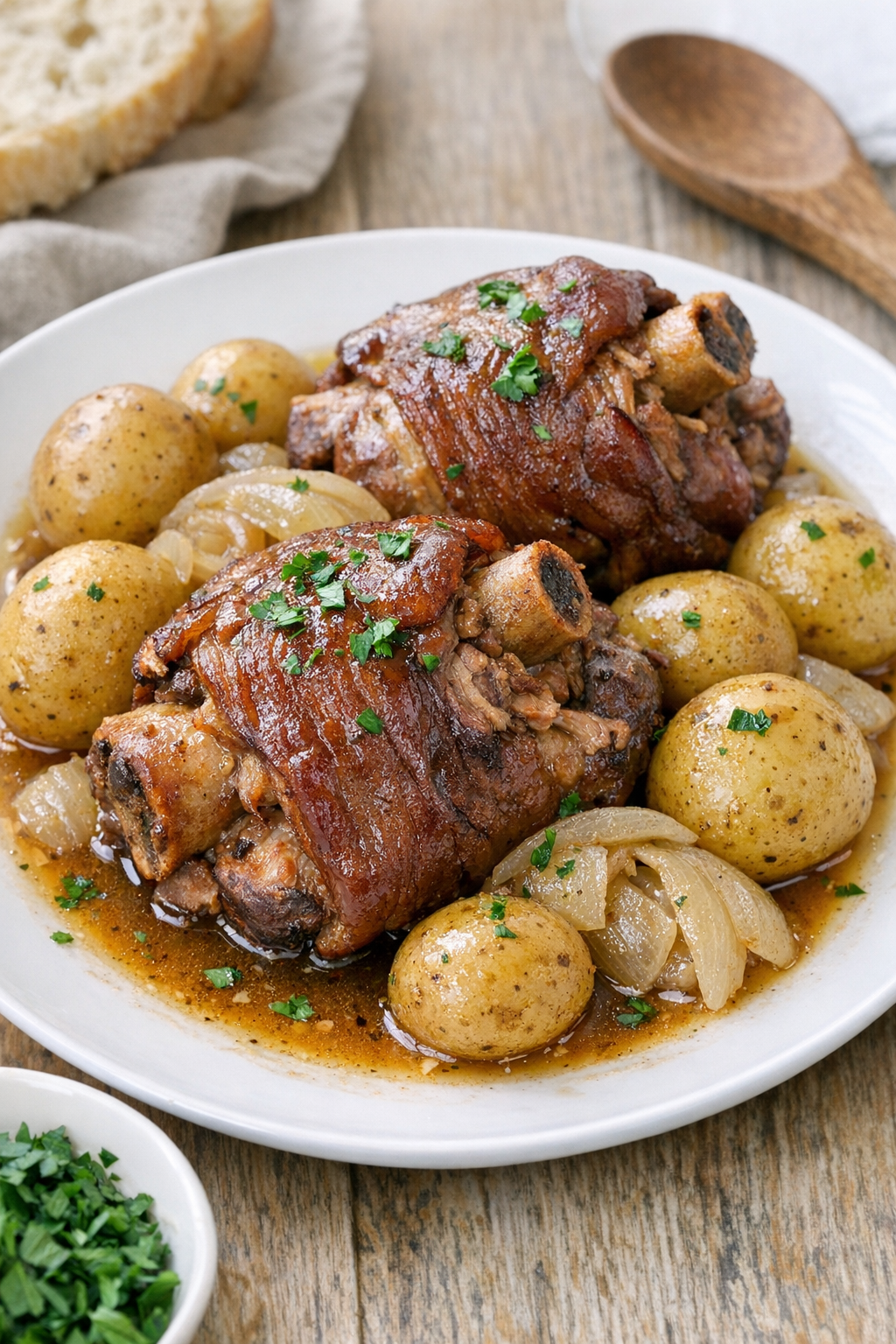 Finished smoked ham hocks plated with potatoes