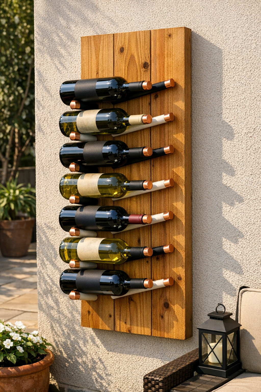 Finished outdoor wine rack mounted on a backyard wall