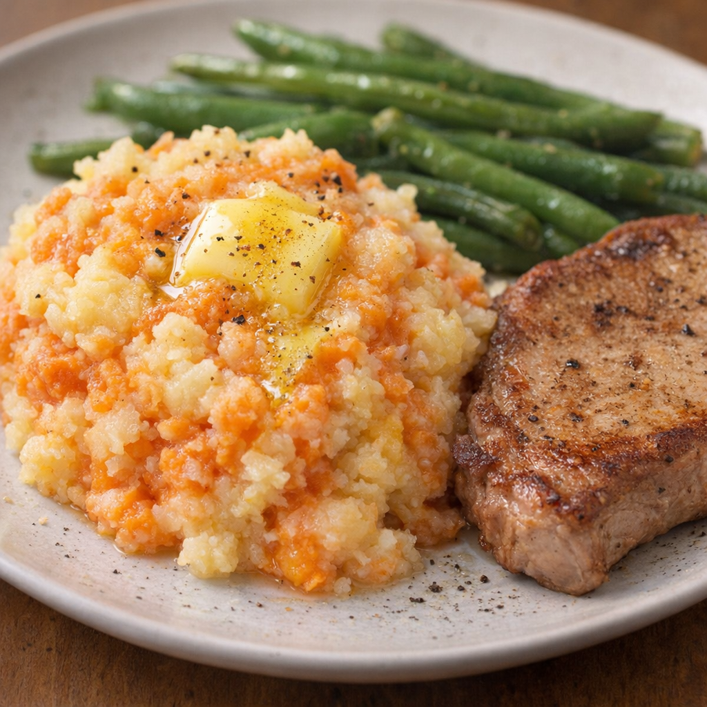 Simple supper plate with carrot potato mash and green beans
