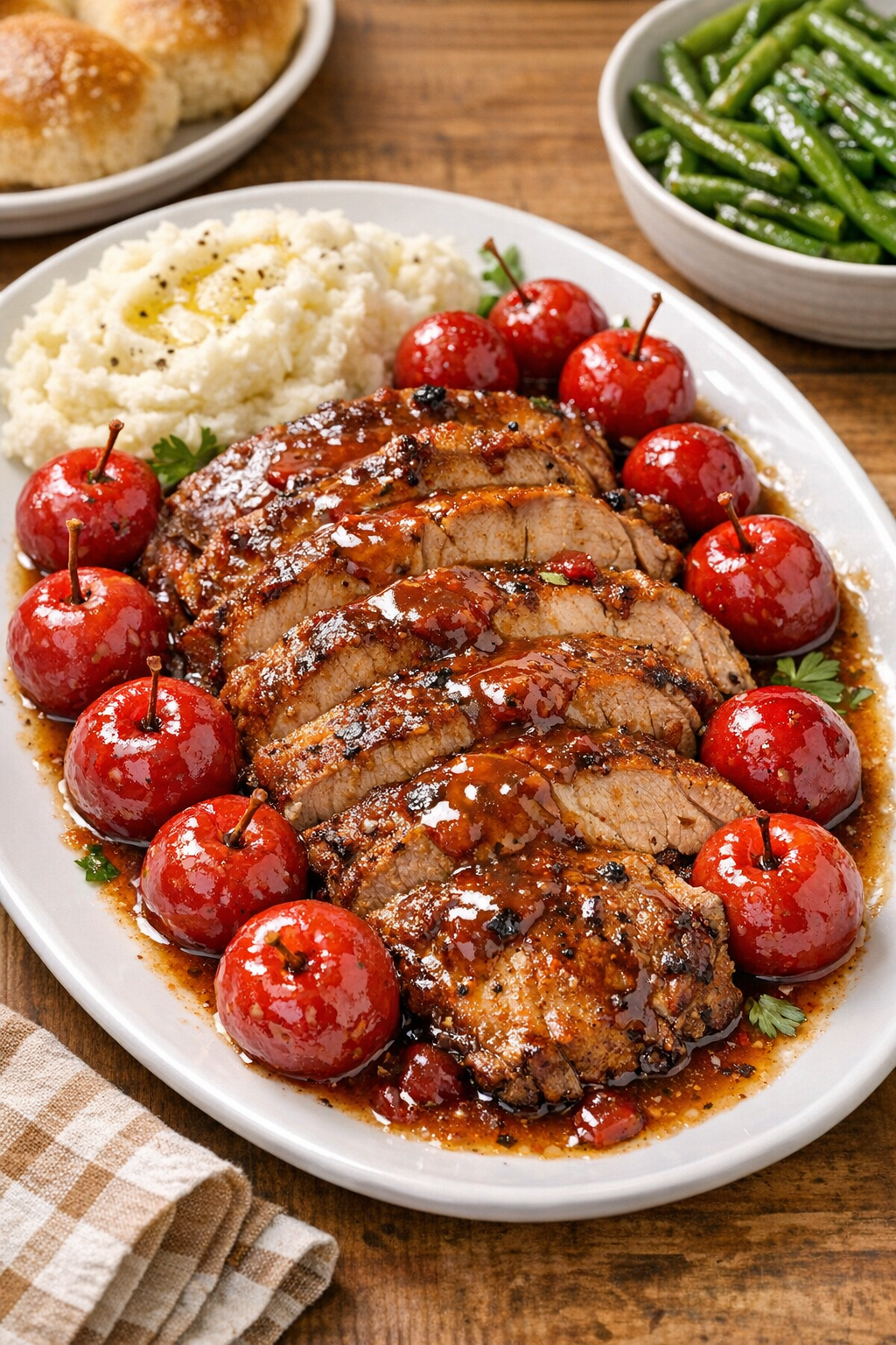 Finished crabapple pork plated with sauce and whole crabapples