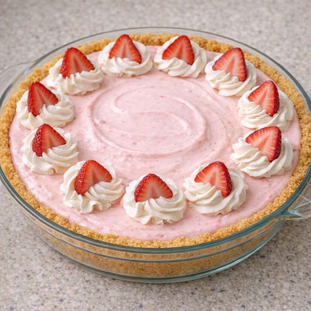Strawberry fluff pie decorated with whipped topping and fresh strawberries