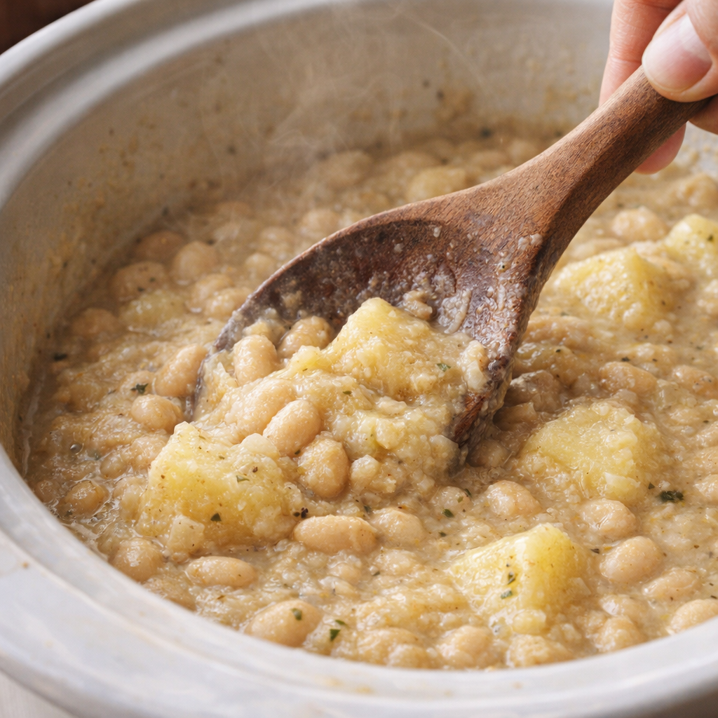 Cooked stew being mashed slightly in the slow cooker