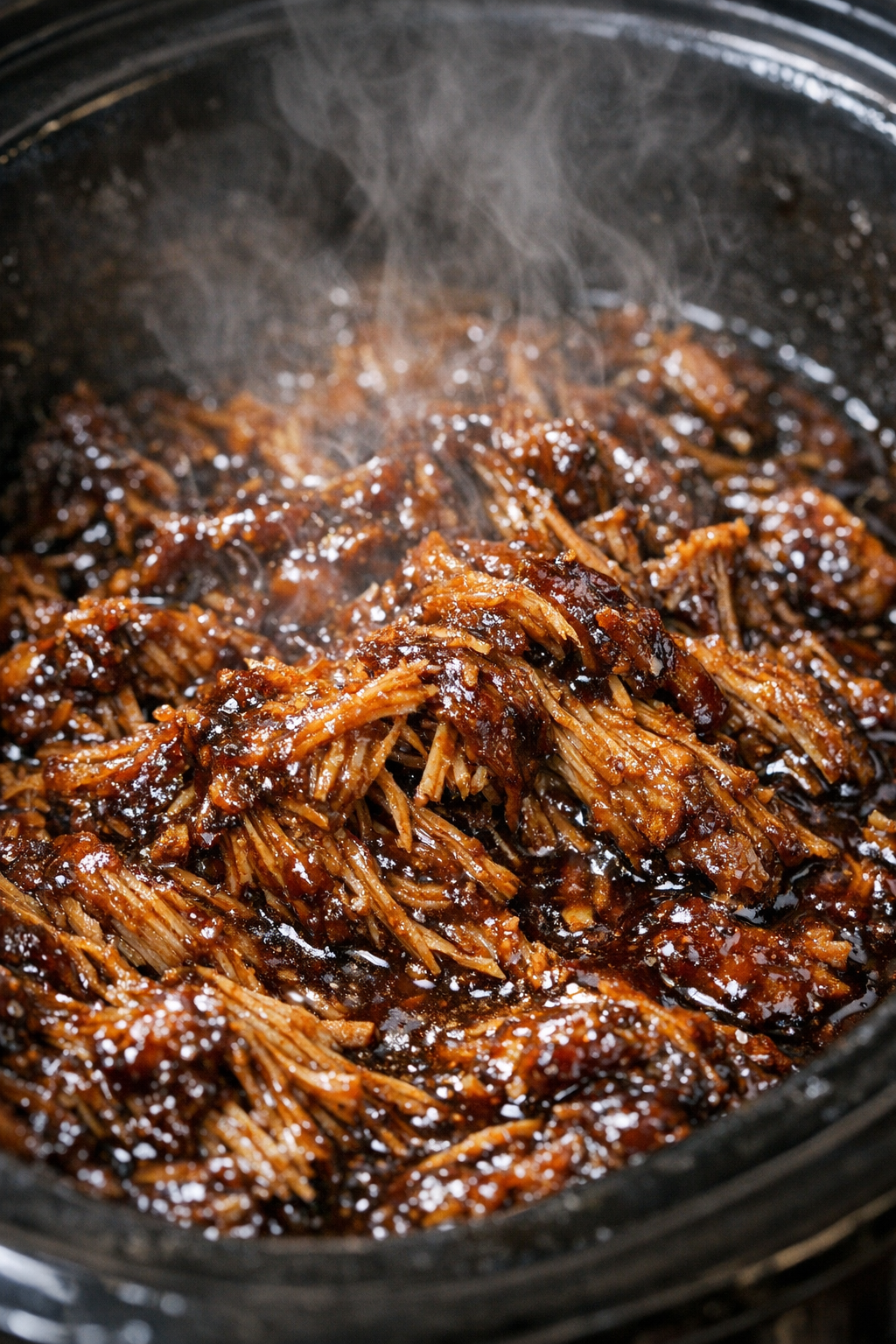 Slow cooker glazed shredded protein steaming in sauce