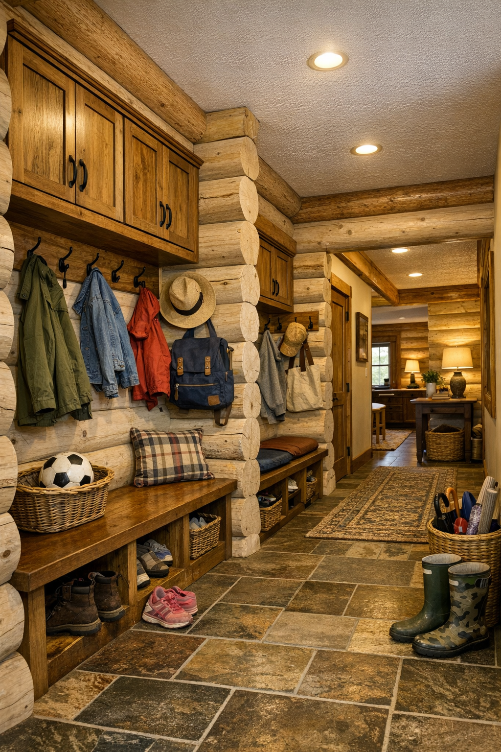 Organized mudroom and hallway with built-in benches, wood storage, and warm rustic details