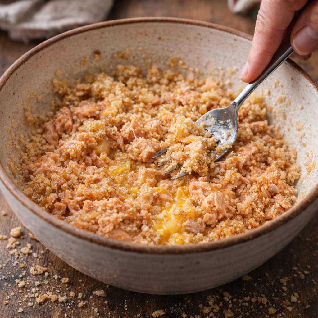 Salmon patty mixture being combined in a bowl