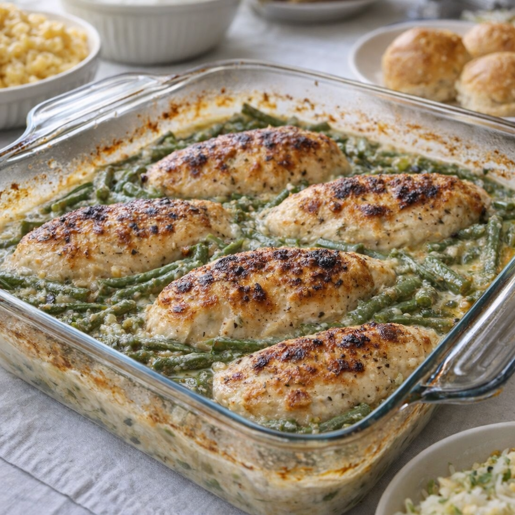 Church potluck casserole dish on a folding table