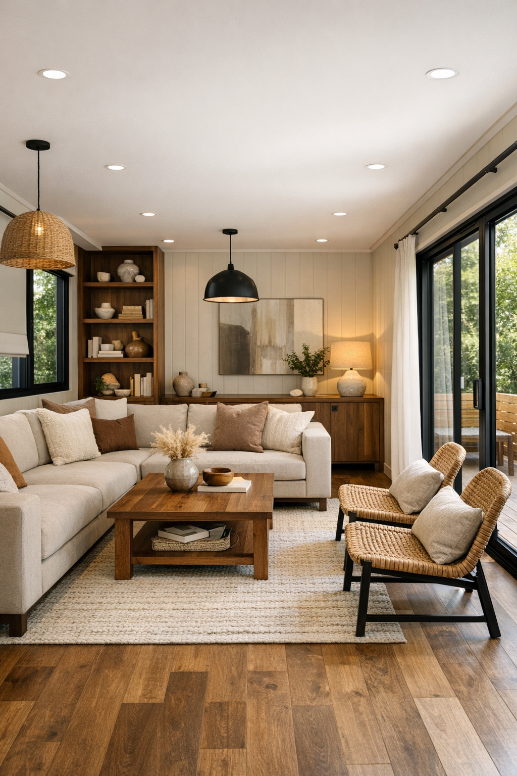 Warm modern container home living room with mocha tones and accessible open layout