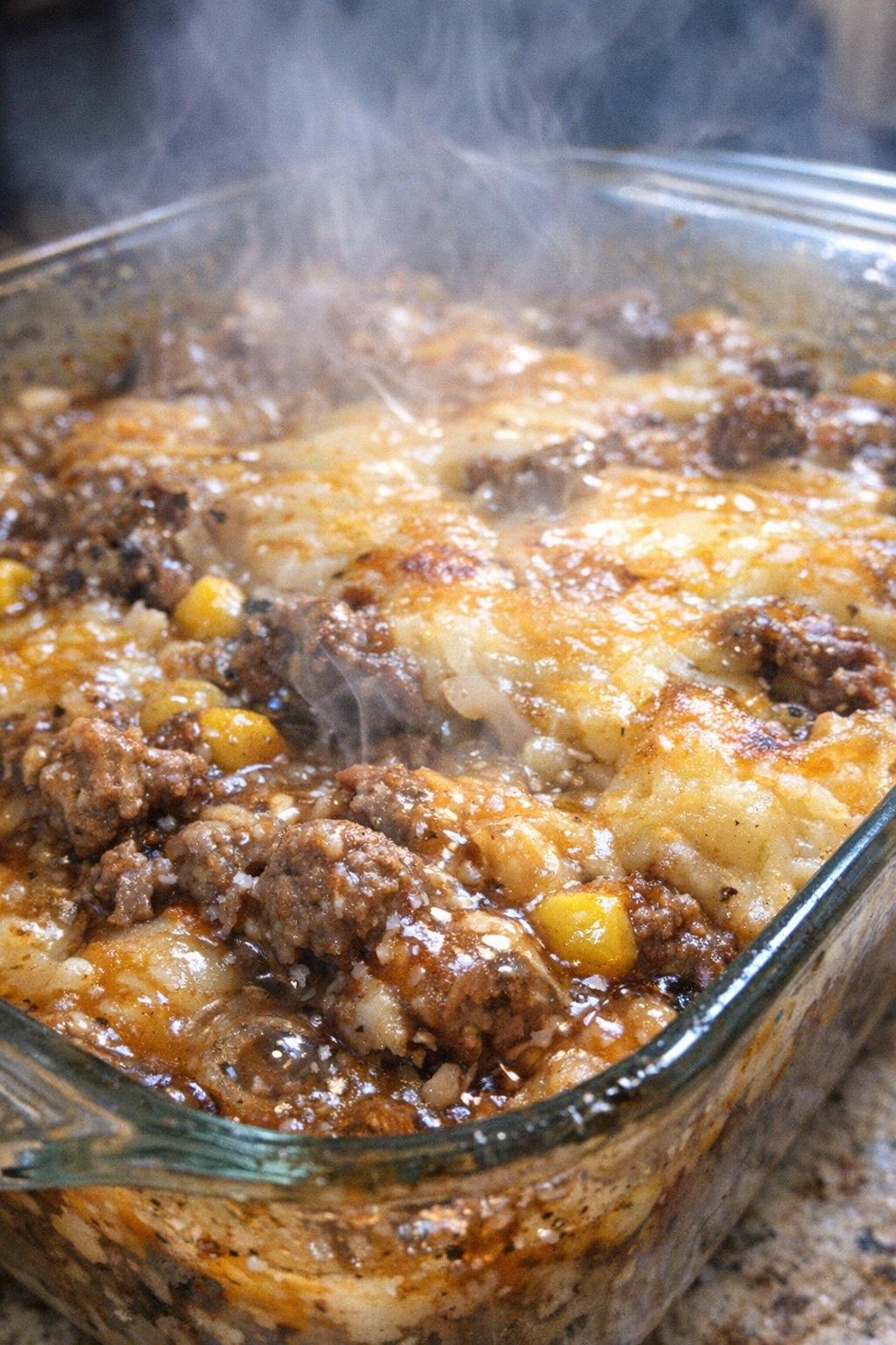 Finished Monster Mash Bake in a glass baking dish