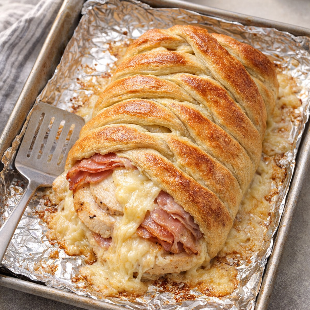 Golden chicken cordon bleu crescent braid on a sheet pan