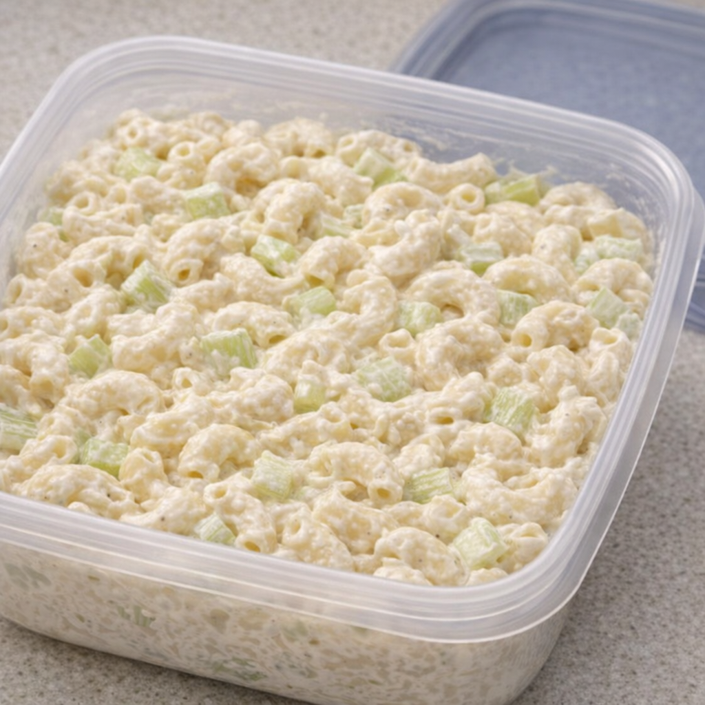 Freshly mixed macaroni salad in a storage container