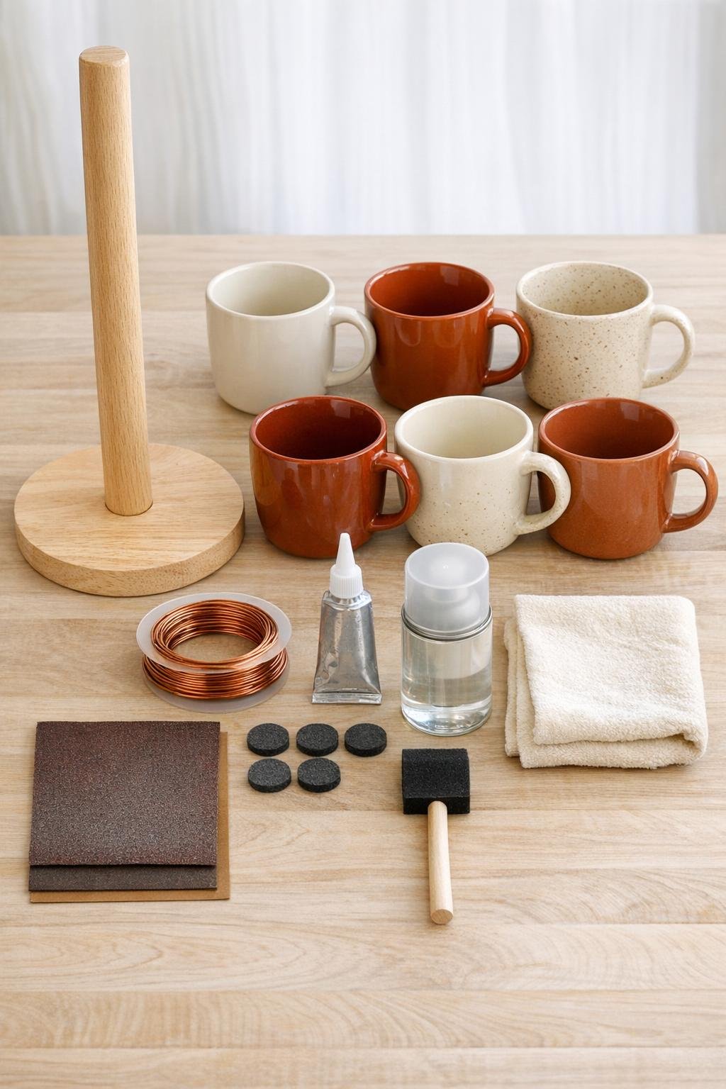 Materials for a wooden paper towel holder mug tree laid out neatly