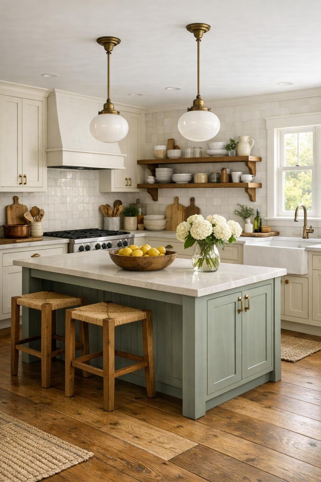Bright farmhouse kitchen with creamy shaker cabinets, a faded sage island, and soft white tile