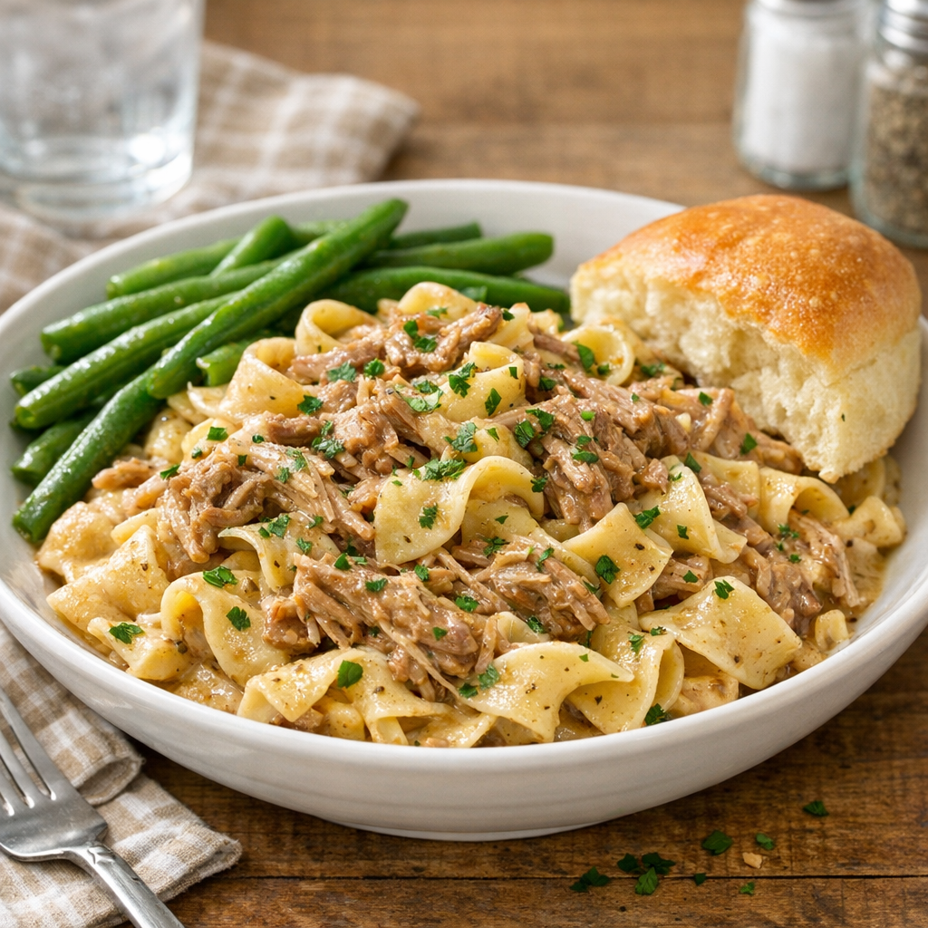 Final plated bowl of Amish Worcestershire pork pasta with simple sides