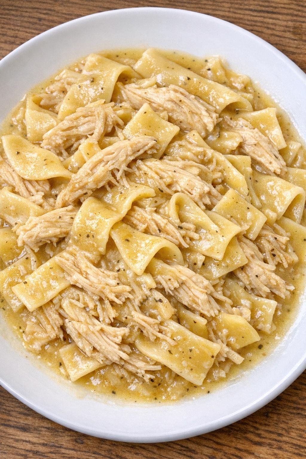 Finished Amish chicken and noodles plated in a white dish