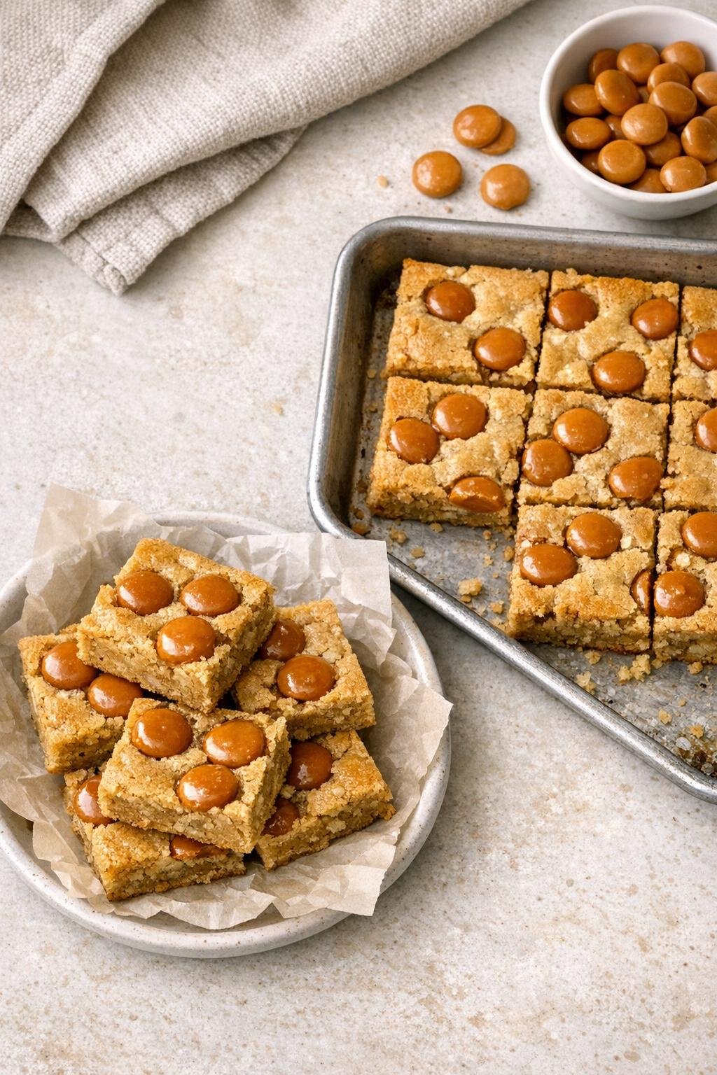 Finished butterscotch blondie bars on a tray