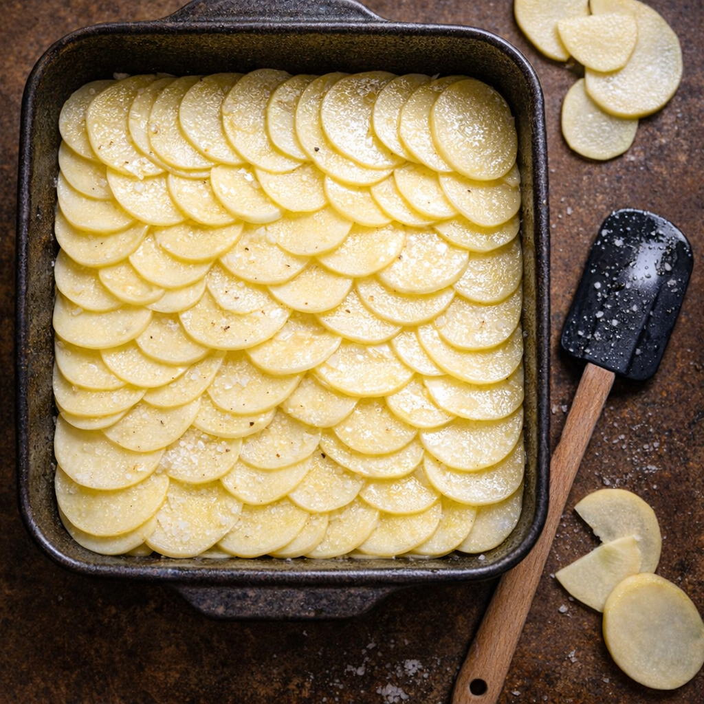 Layered potato slices in a baking dish before roasting