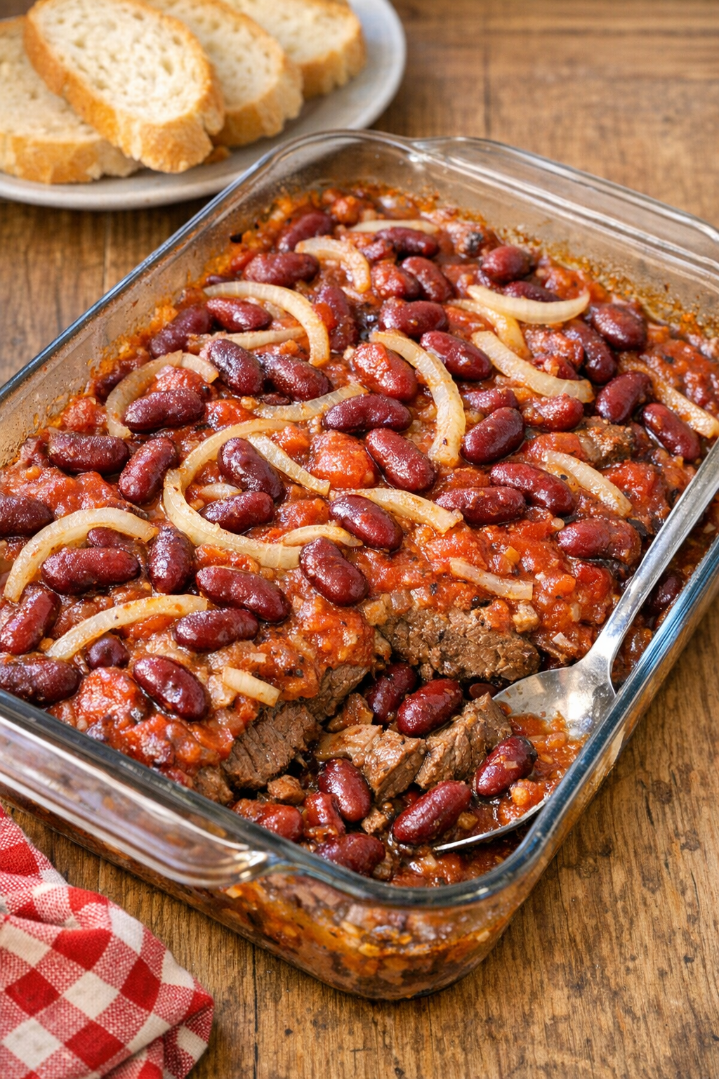 Finished Amish beef and kidney bean casserole in a baking dish