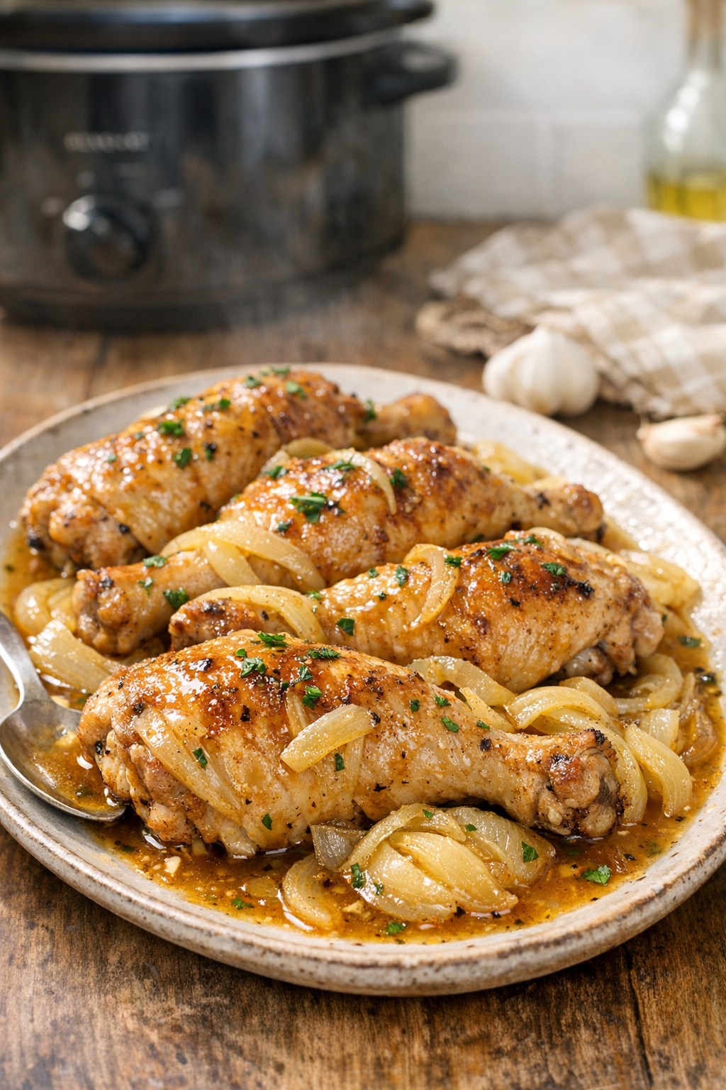 Finished slow cooker chicken legs on a platter