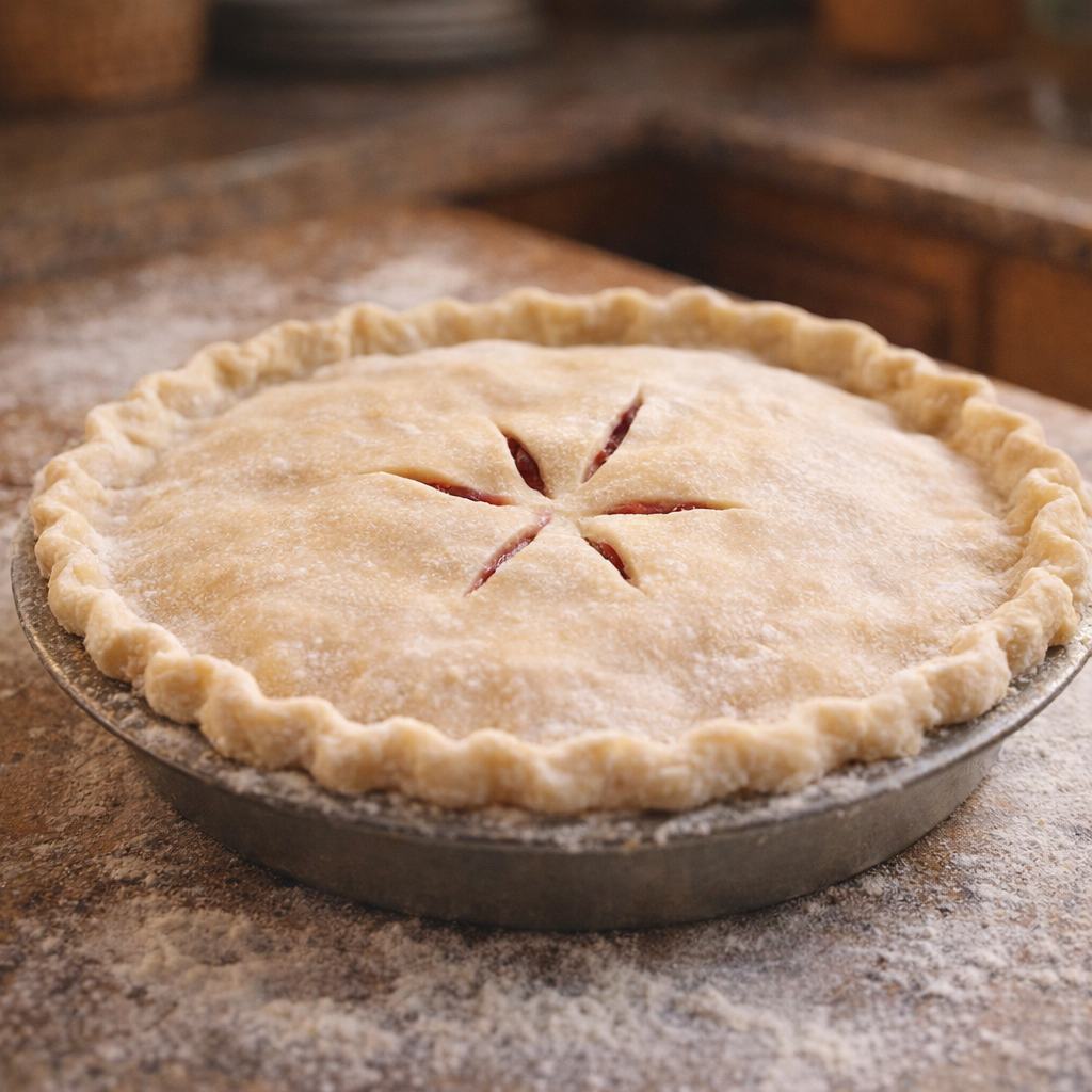Unbaked cherry pie with top crust ready for the oven