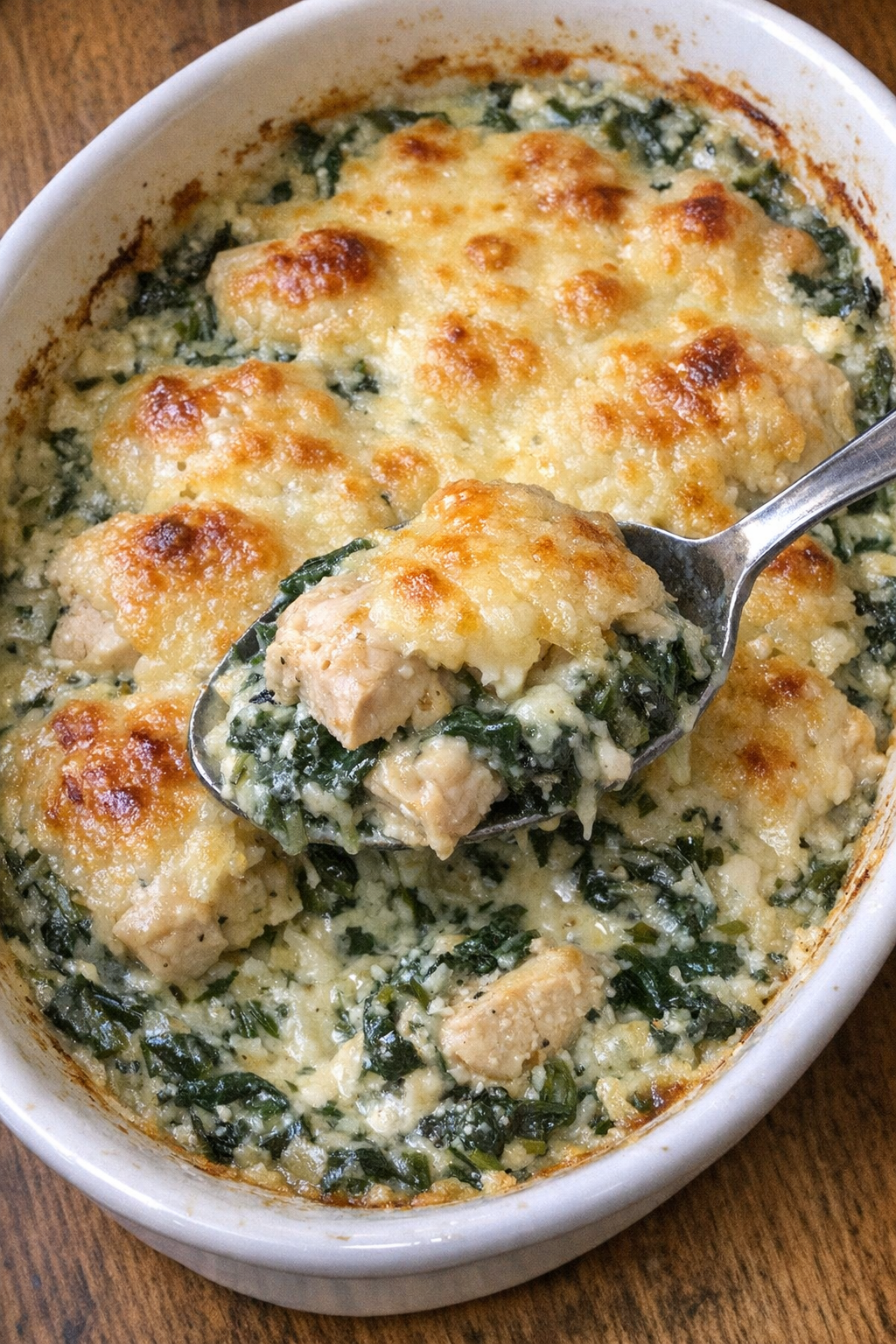 Close-up of baked chicken Florentine casserole