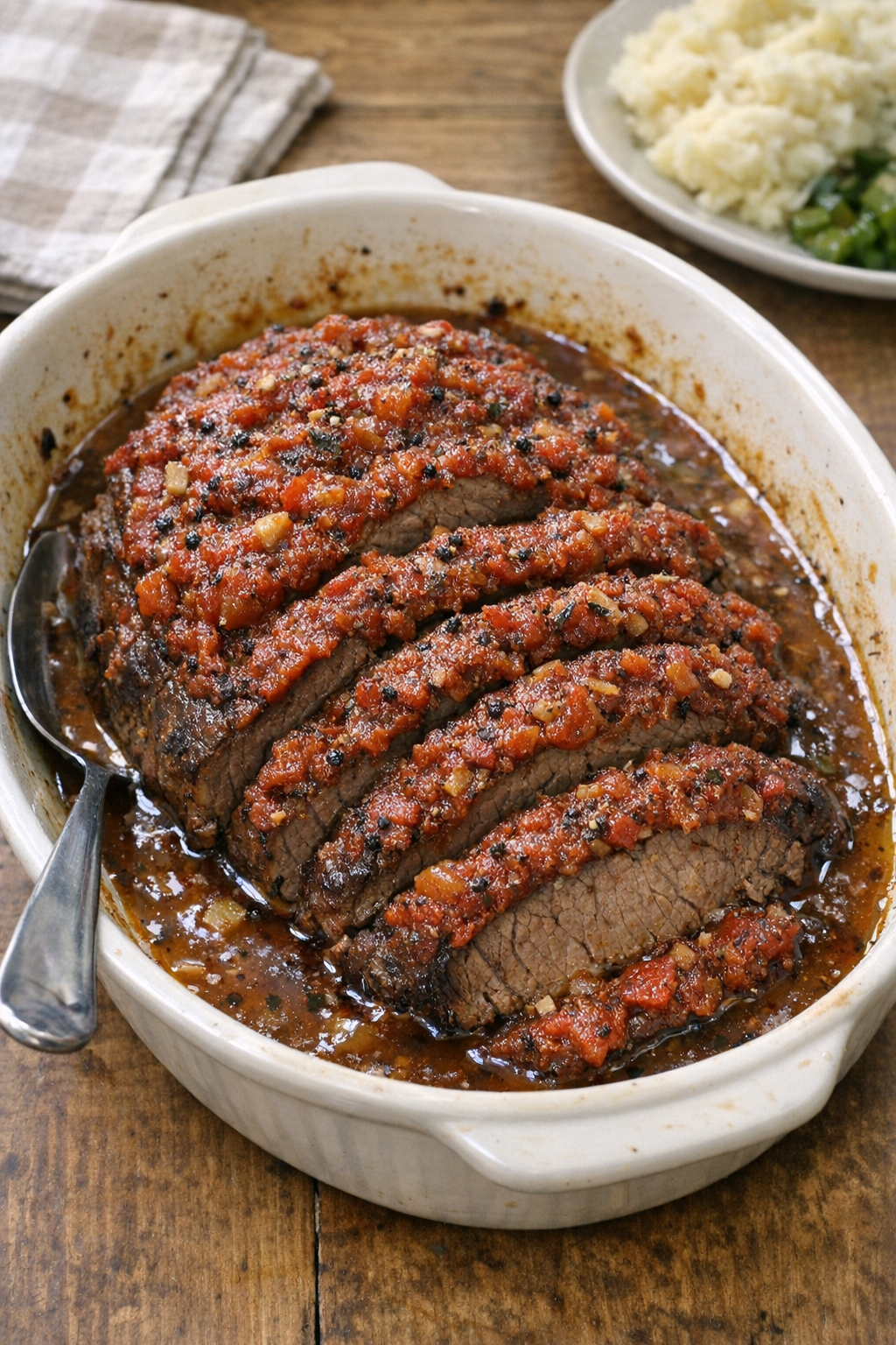 Finished baked beef heel of round with tomato topping in a casserole dish