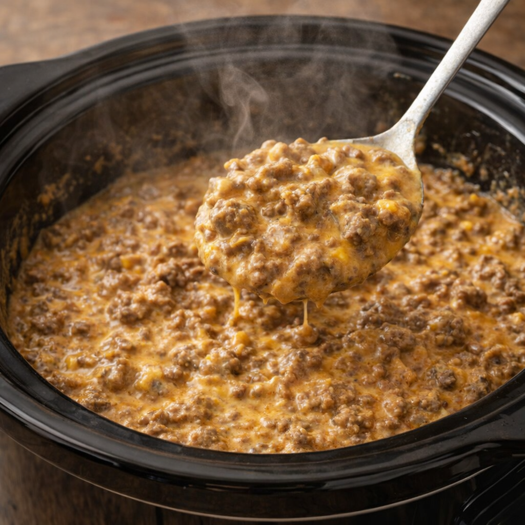 Finished cheddar beef in slow cooker ready to serve
