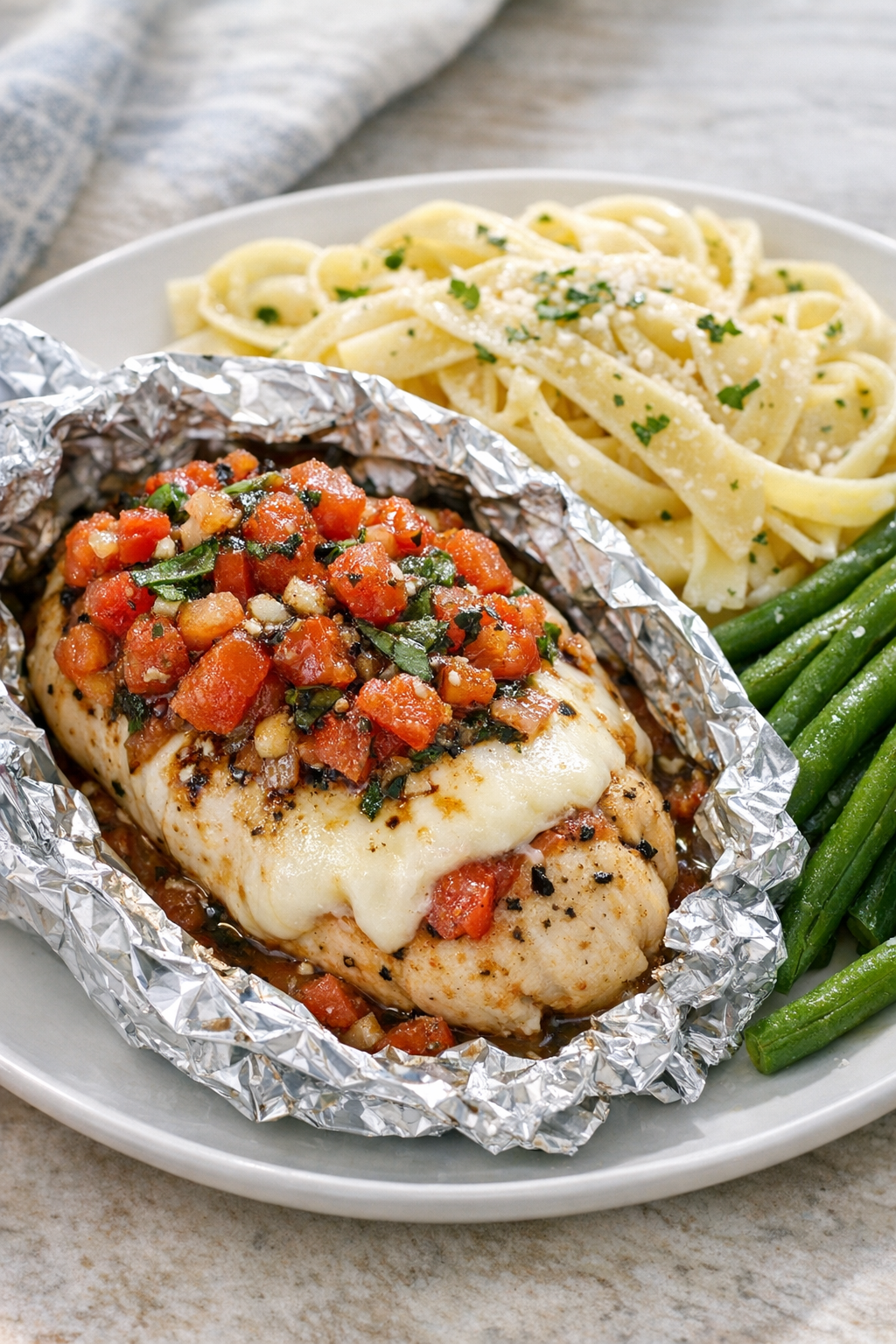 Finished bruschetta chicken packet served with sides