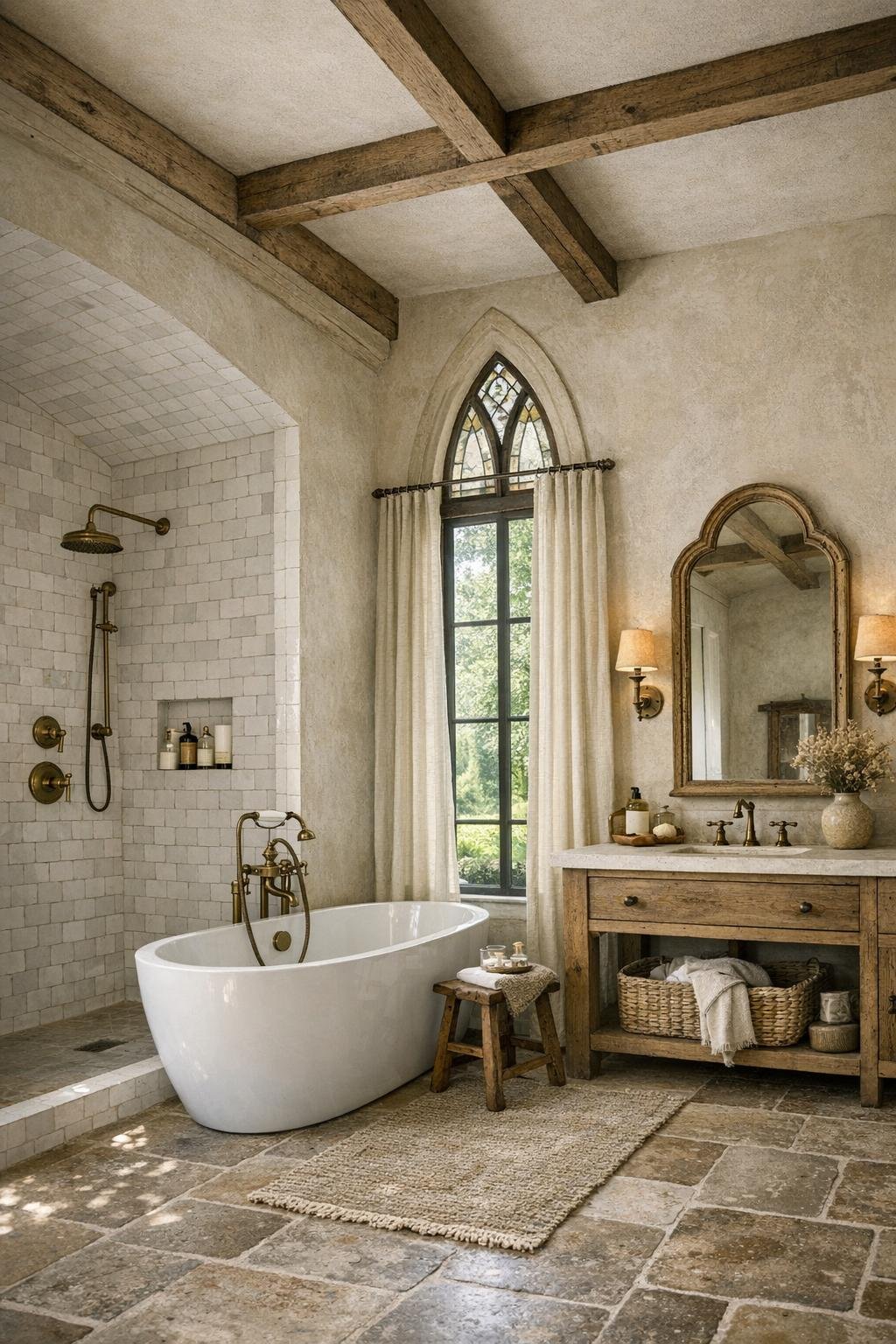 Bathroom with a freestanding tub, handmade white tile shower, and weathered oak vanity