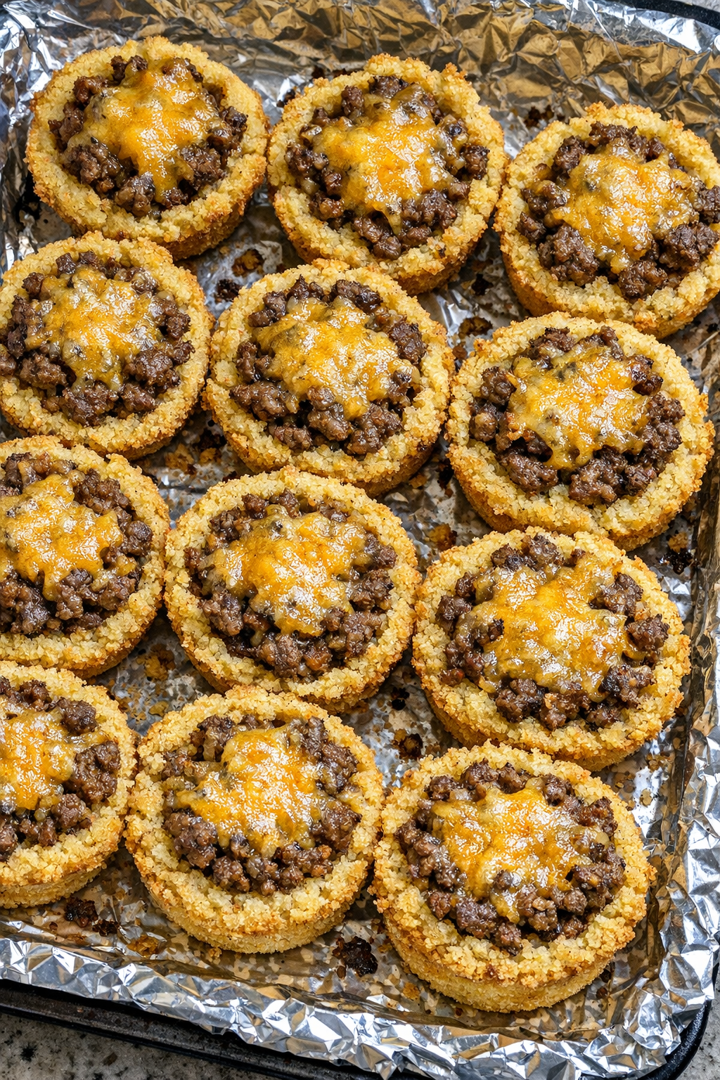 Oven baked beef cornbread cups on a foil-lined baking sheet