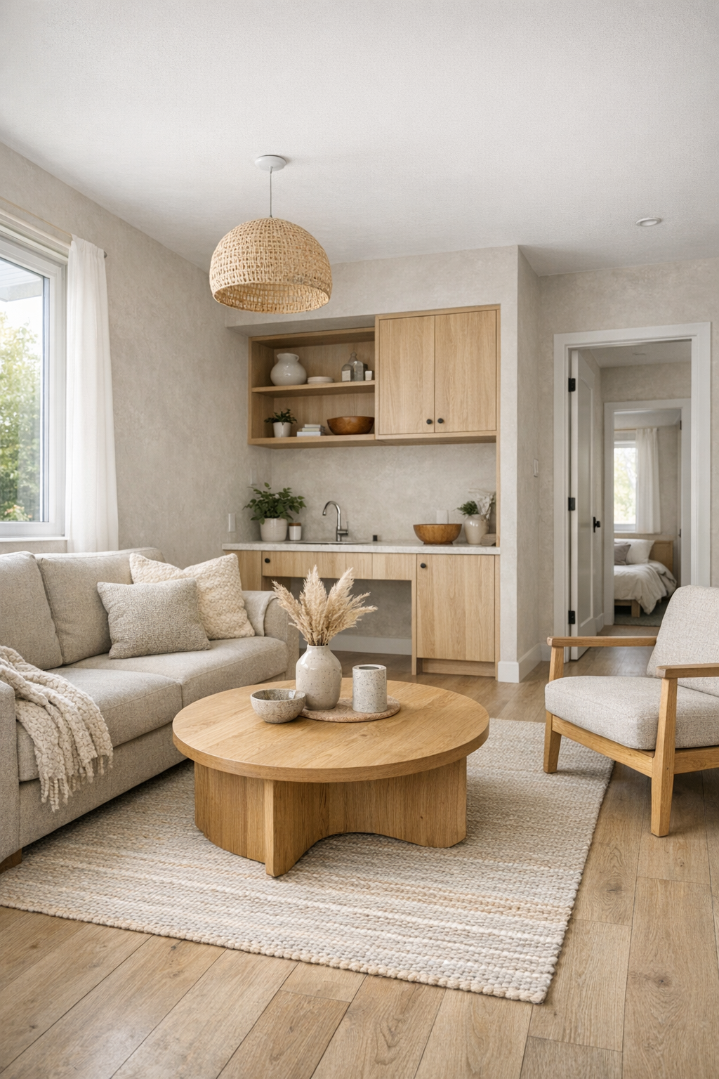 Accessible tiny home living room with oatmeal sofa, pale oak built-ins, and soft stone palette