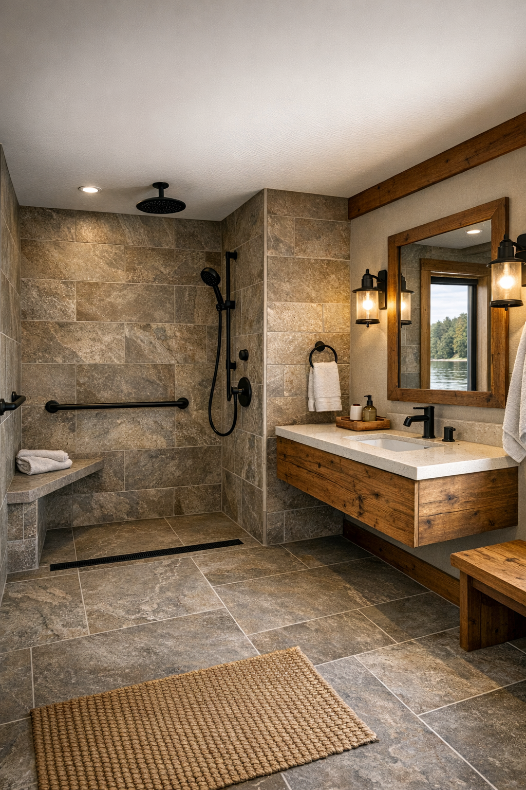 Accessible bathroom with curbless shower, floating wood vanity, and stone-look tile