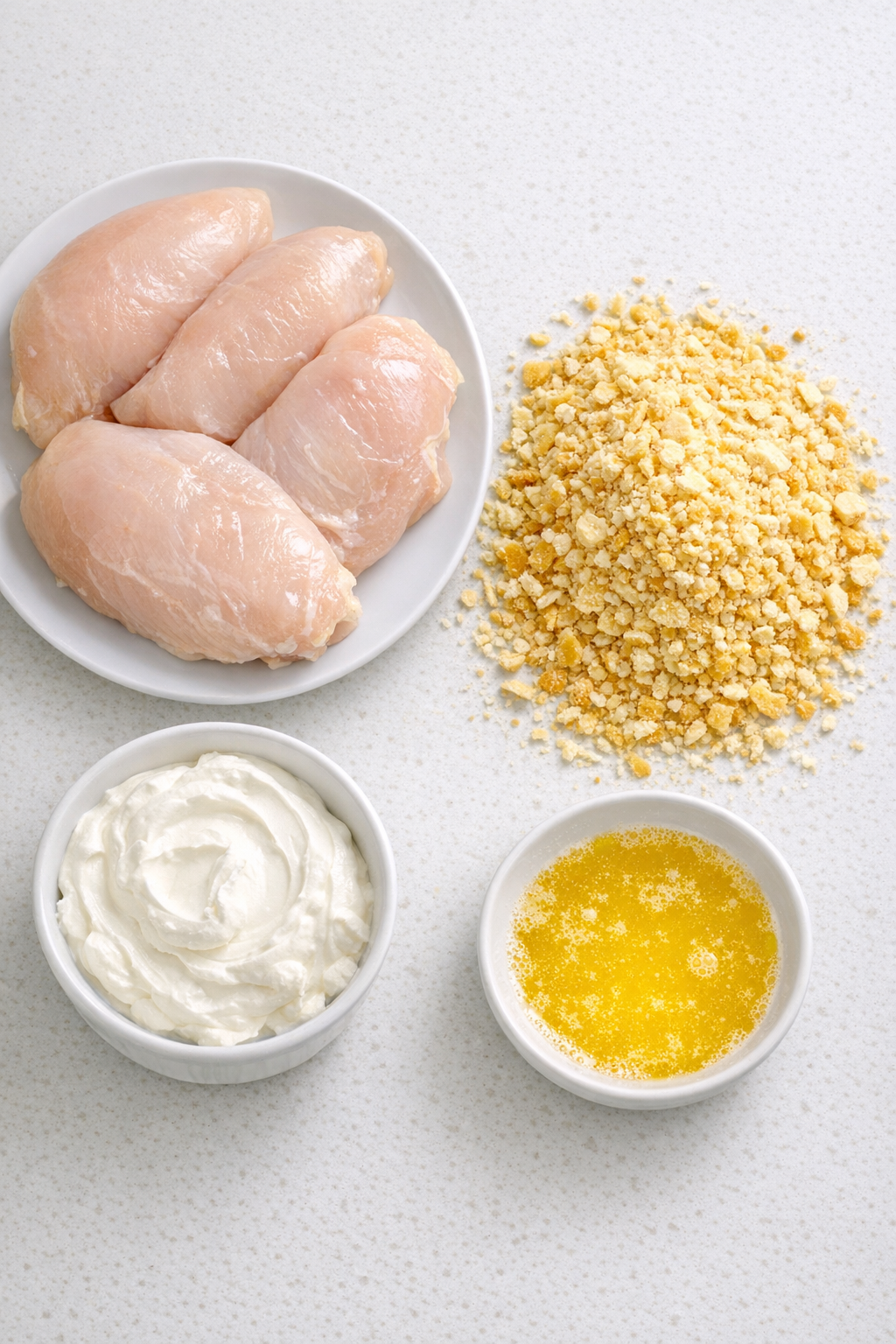 Main ingredients for cracker chicken laid out on a counter