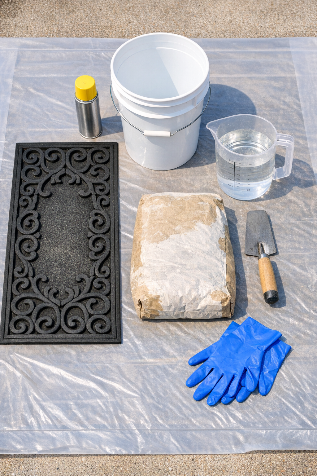 Materials for making scroll-pattern patio stones laid out on a work surface