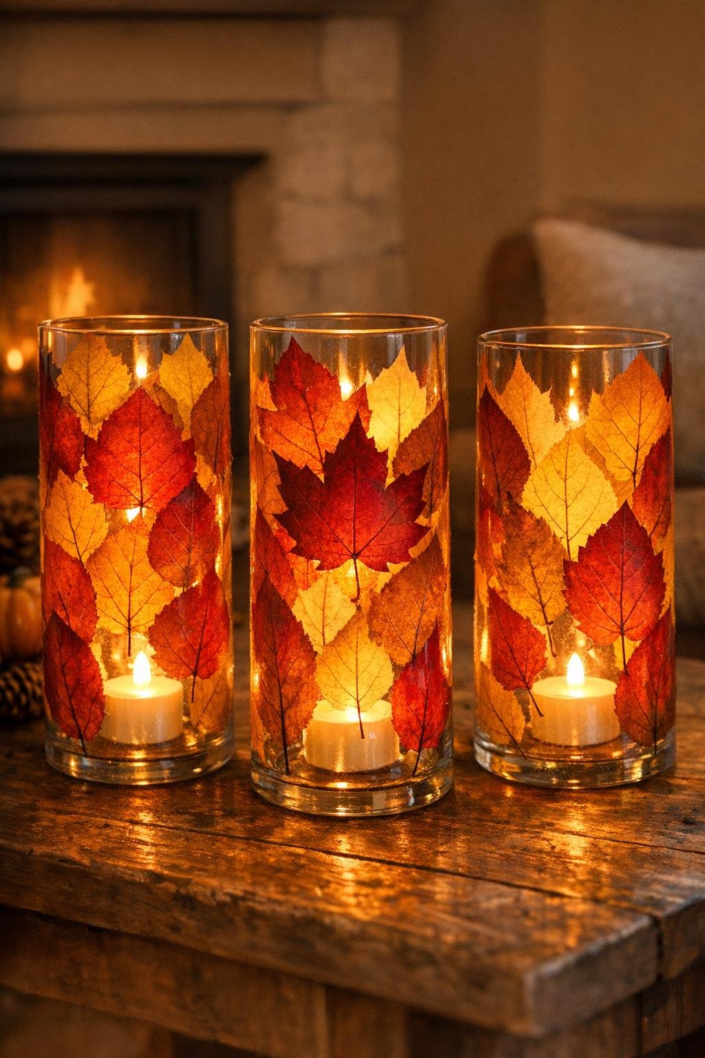Completed fall leaf luminaries glowing with warm white LED tea lights