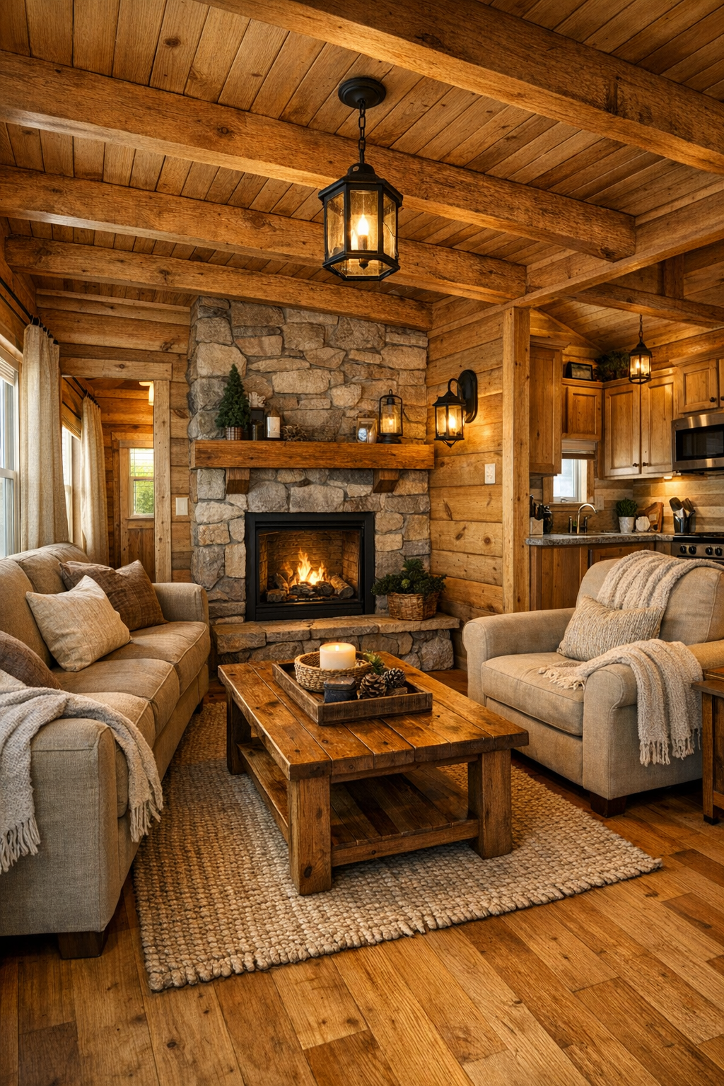 Rustic log cabin living room with wood walls, stone fireplace, and warm neutral seating