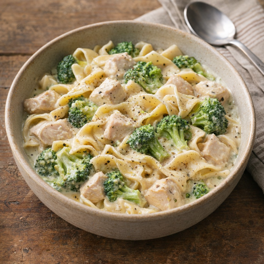 Slow cooker broccoli chicken noodles served in a rustic bowl