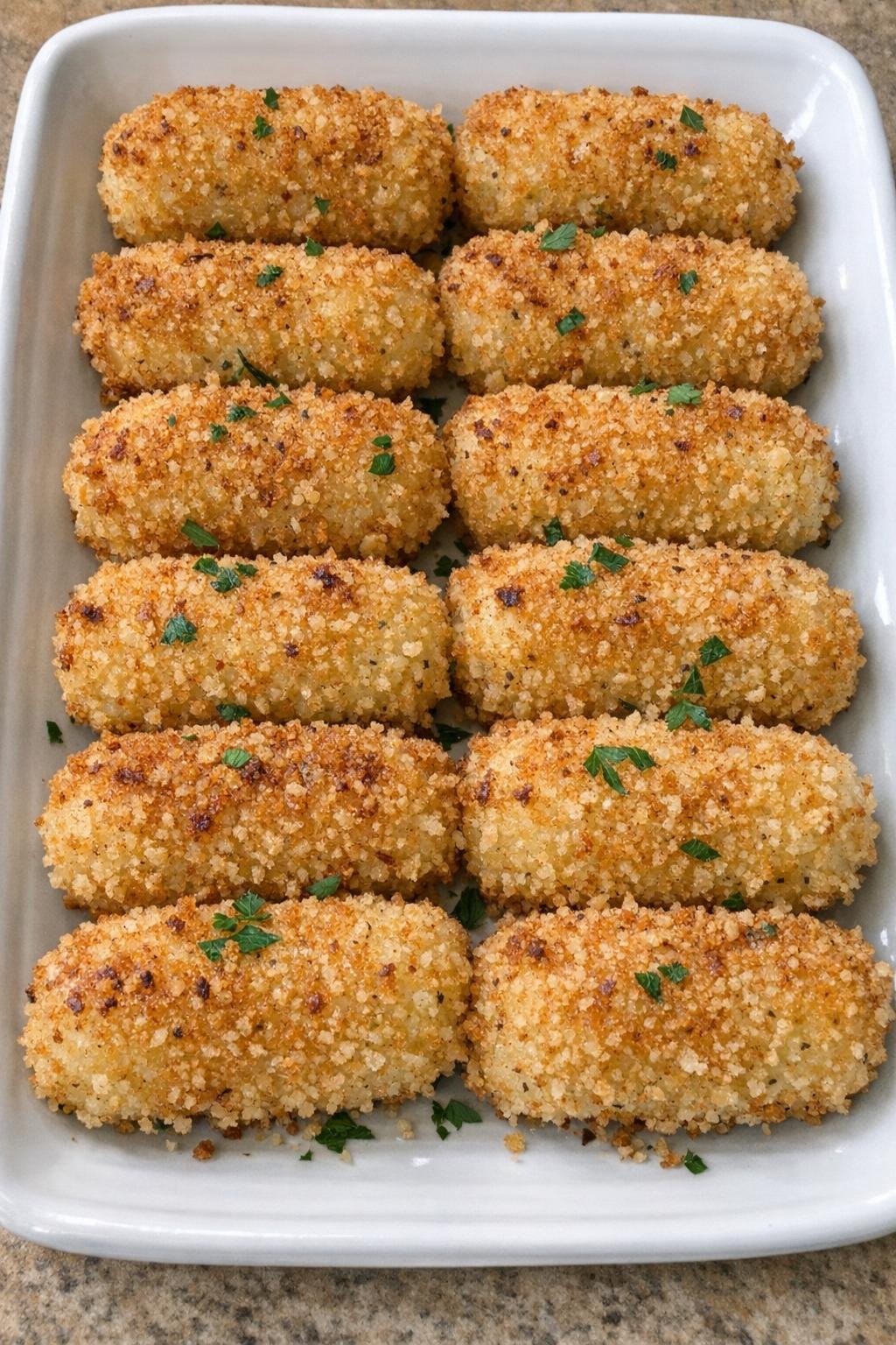 Golden crispy potato croquettes on a rectangular ceramic dish