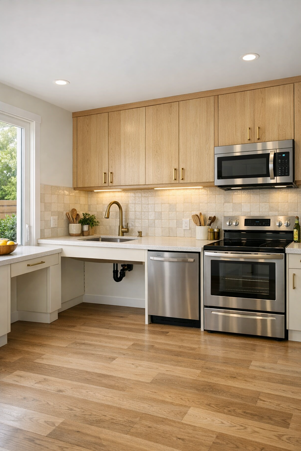 Accessible kitchen with cream cabinetry, pale wood accents, and warm white quartz counters