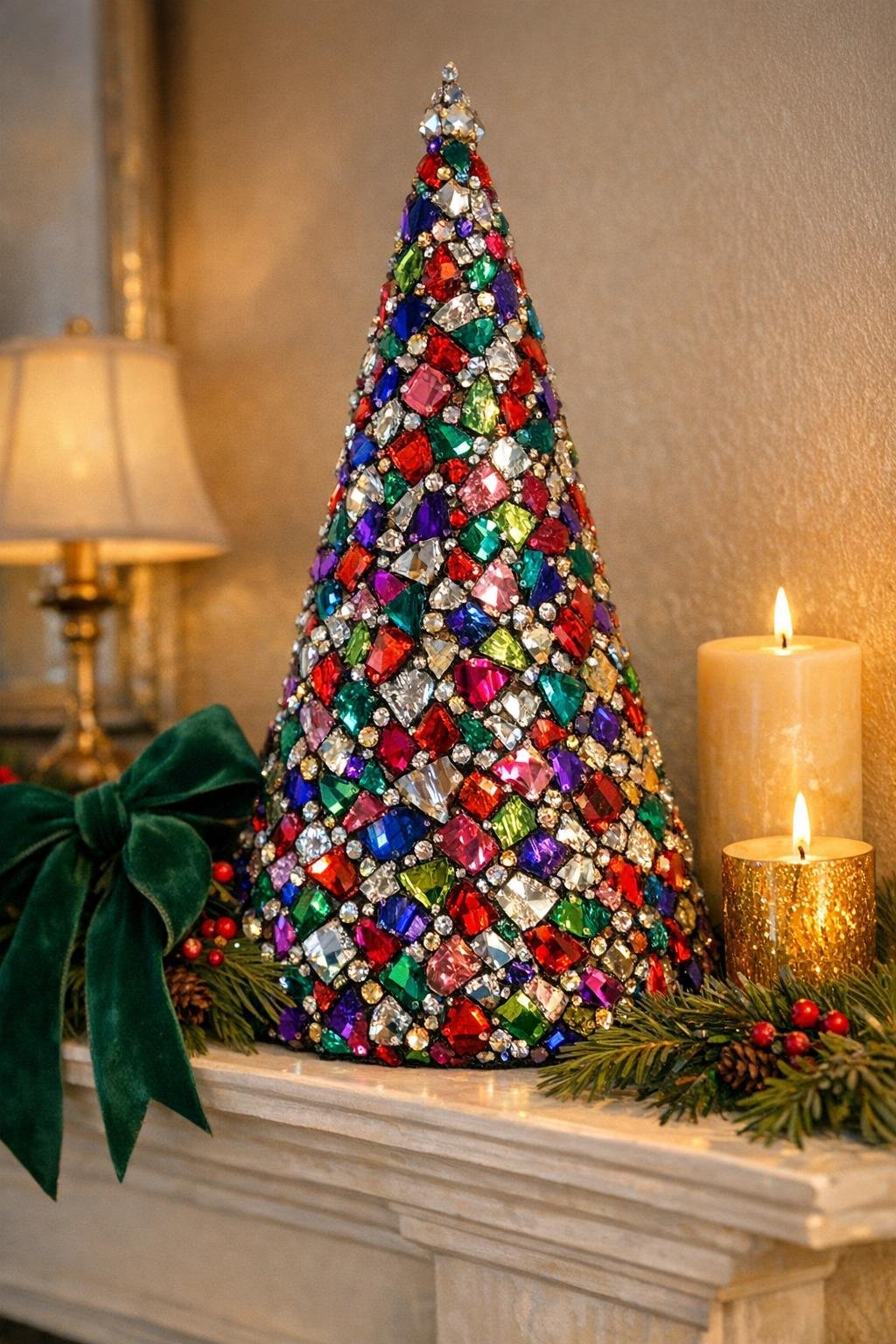 Finished crushed ornament mosaic tree displayed on a holiday mantel