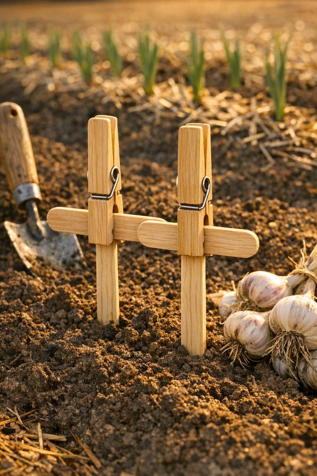 Finished garlic planting depth markers made from wooden clothespins and popsicle sticks in a fall garden bed
