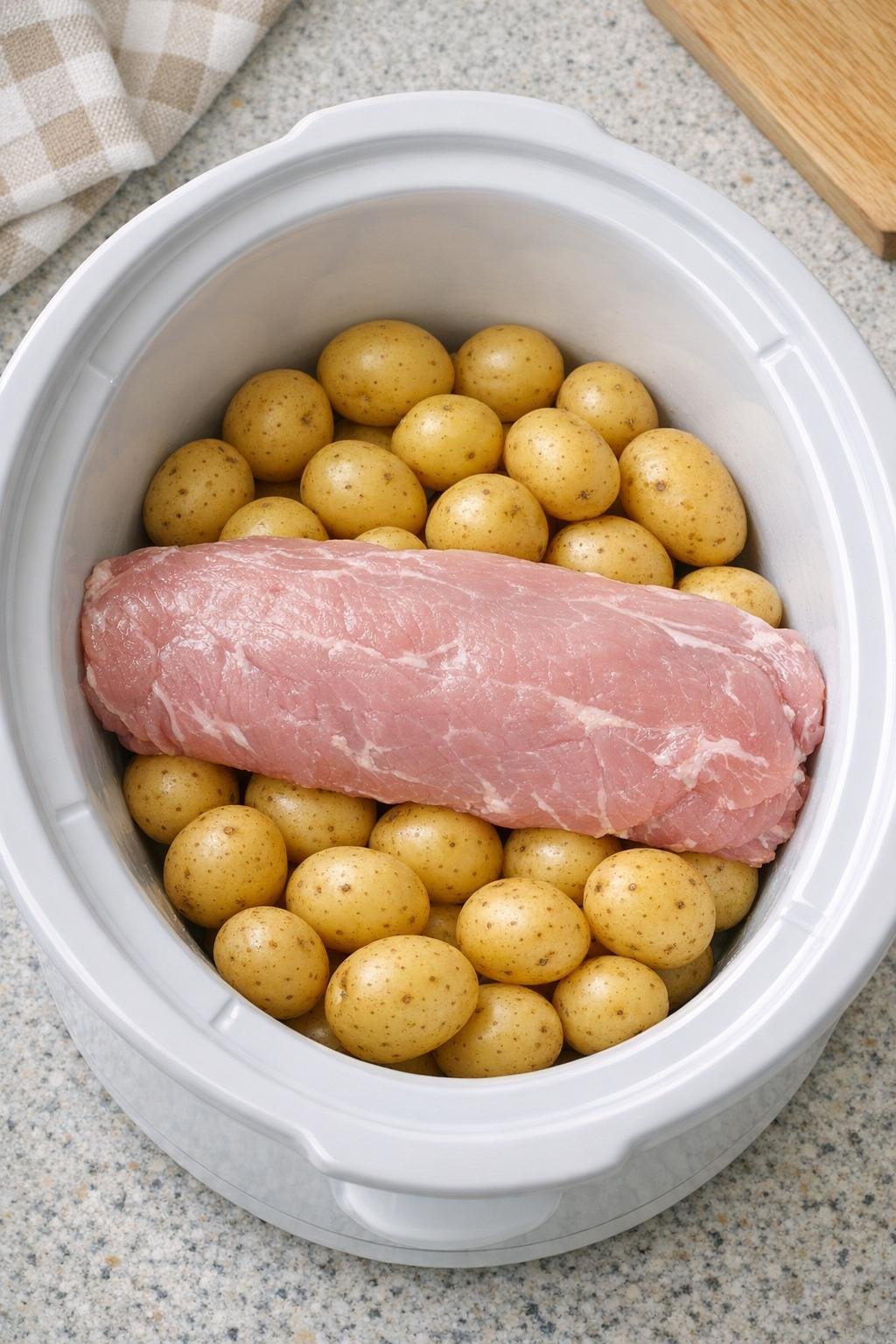 Raakaa porsaanfileetä perunoiden päällä hitaassa liesissä