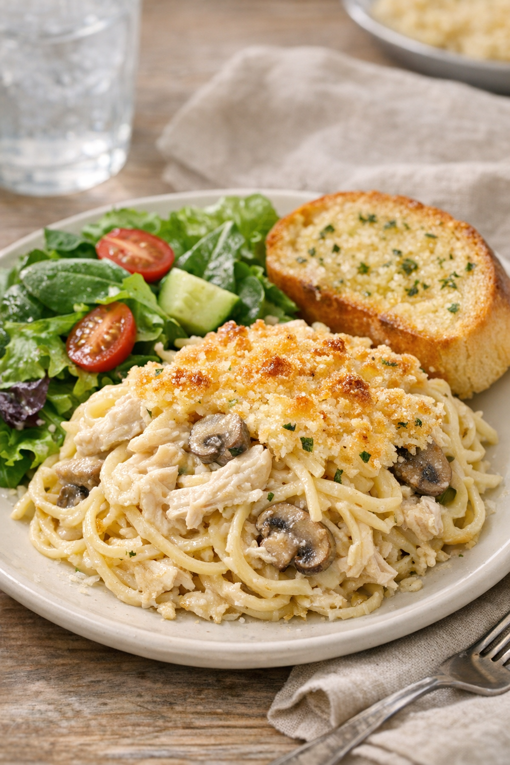 Finished chicken tetrazzini plated with simple sides