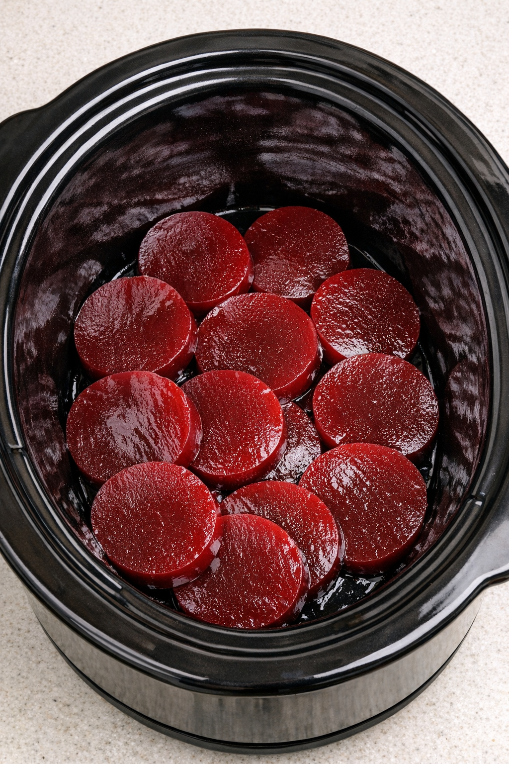Cranberry sauce slices lining the slow cooker