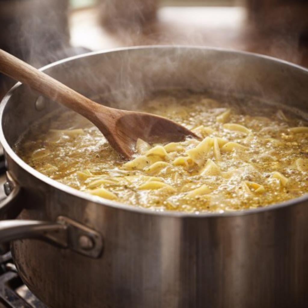 Egg noodles cooking in simmering broth