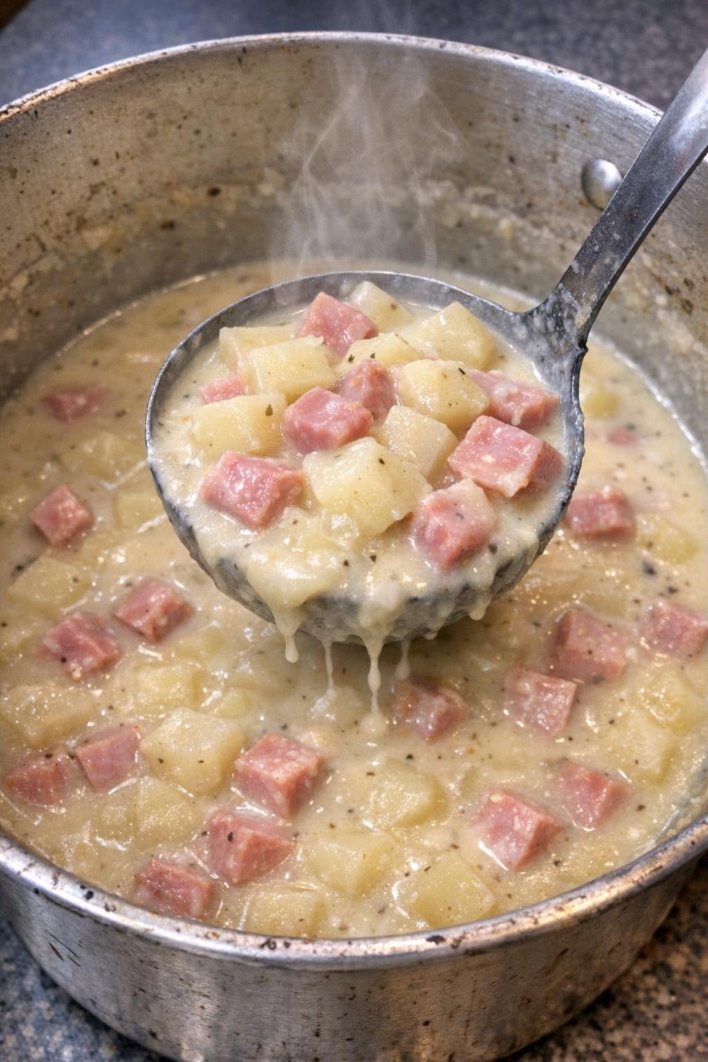 Creamy ham and potato soup in a pot