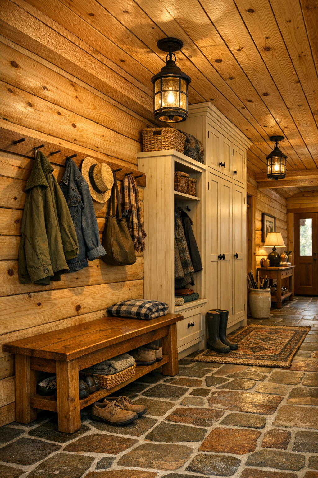 Functional log home entry and hallway with built-in storage and handcrafted details