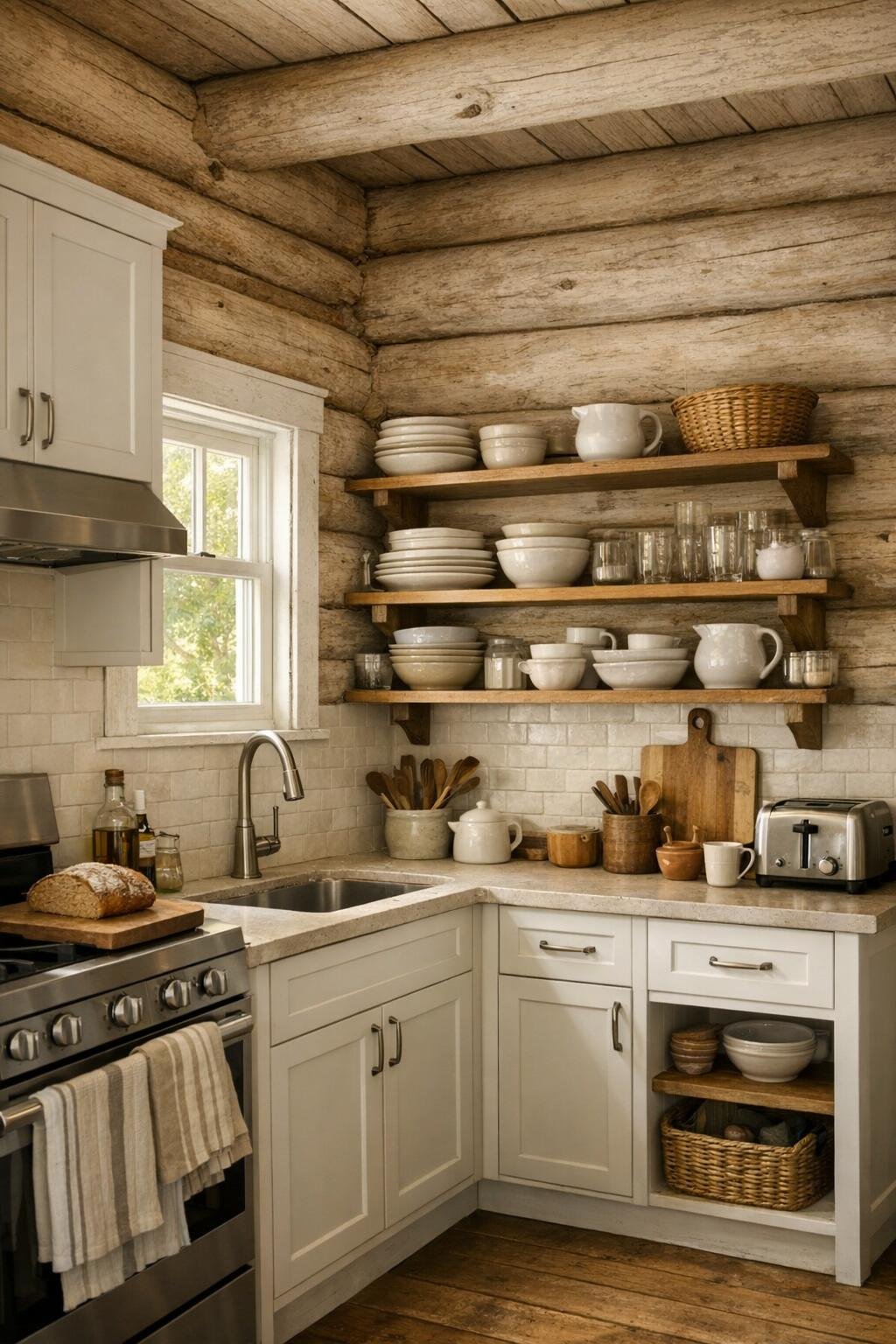 Bright rustic kitchen with warm white cabinets, light counters, and beige log walls