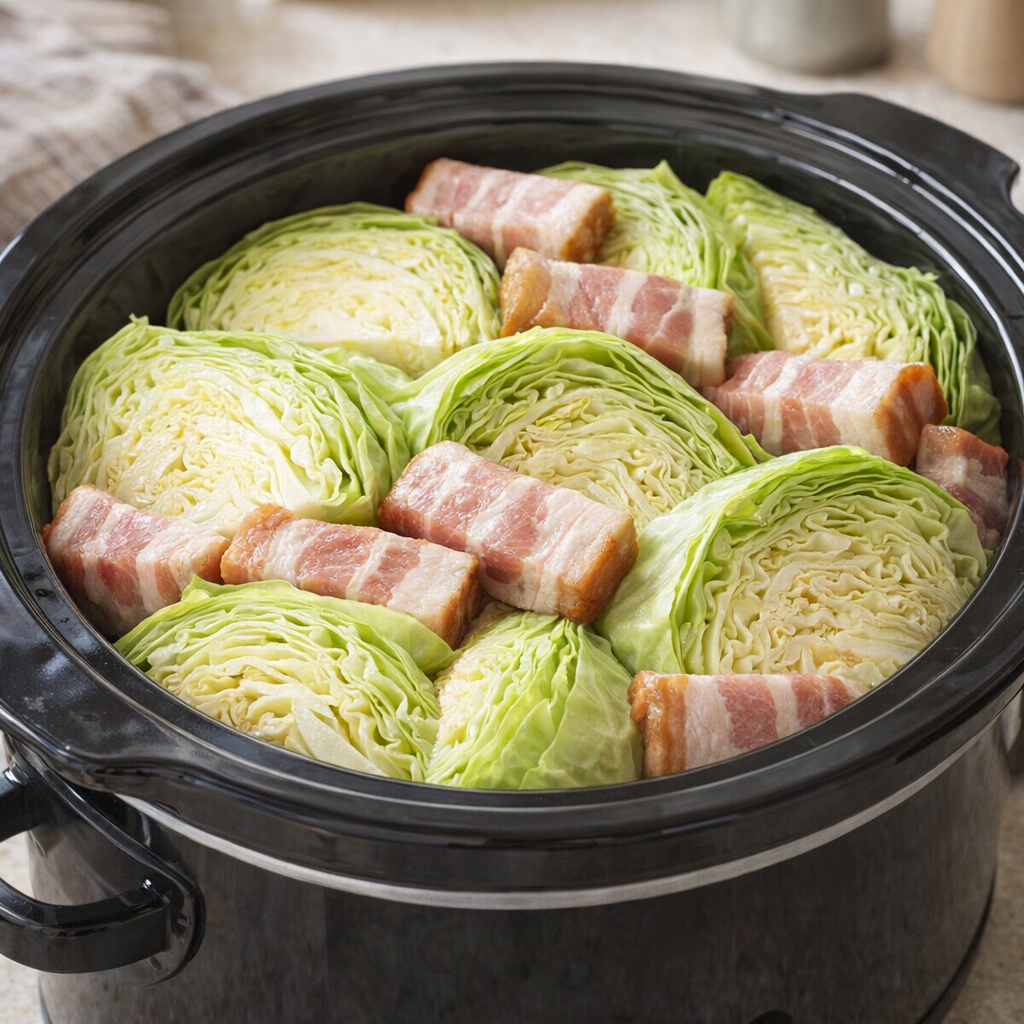 Cabbage wedges packed into a slow cooker